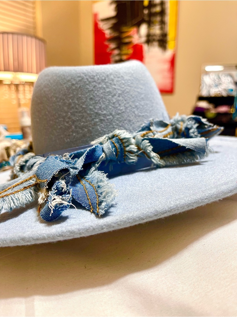 Light Blue Felt  Cowboy Hat  with Frayed Denim Band